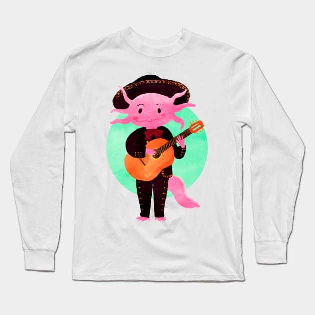 Axolotl with mariachi costume playing the guitar, Digital Art illustration Long Sleeve T-Shirt by KookyAngie